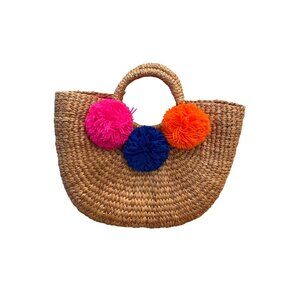 Jadetribe Mini Beach Basket straw tote bag with multi-colored pom poms